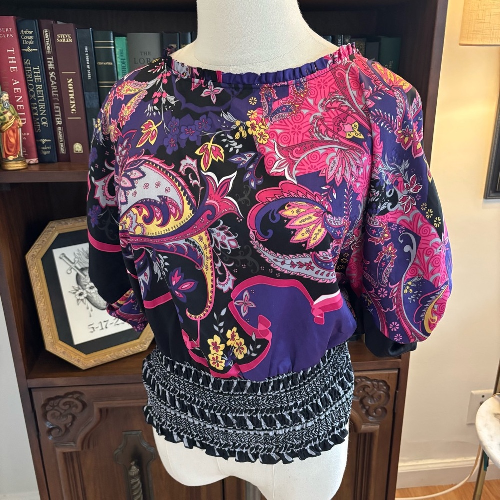 Y2K Paisley Scarf Print Going Out Party Satiny Blouse Pinks and Purple XOXO SZ S